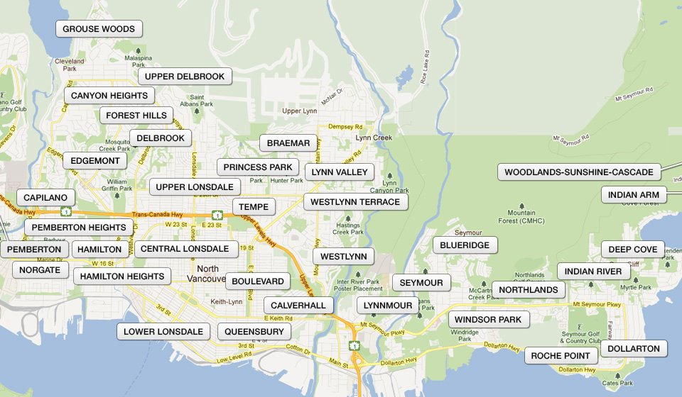 Map of North Vancouver neighbourhoods including Lynn Valley, Deep Cove, Capilano, and Central Lonsdale