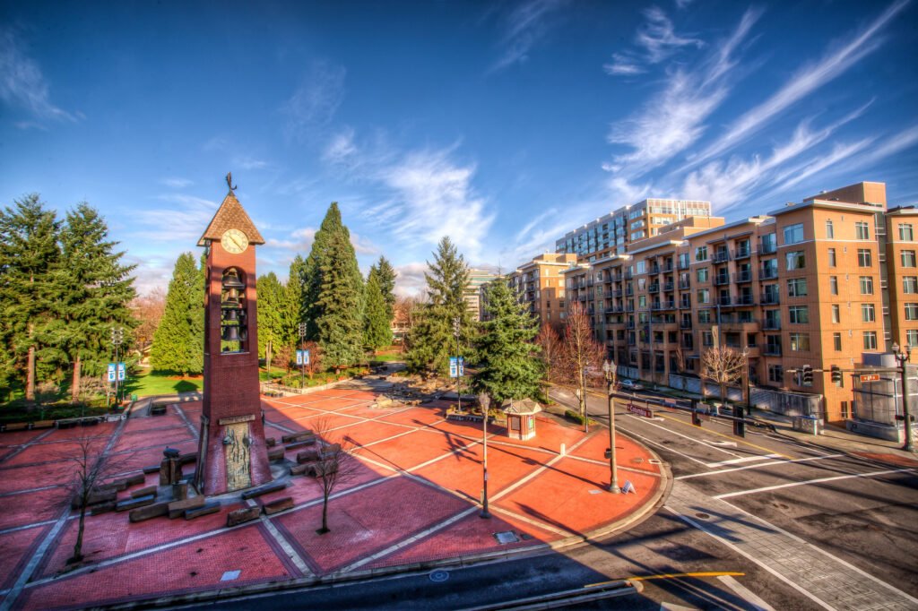Clock tower and street intersection in downtown Vancouver, WA