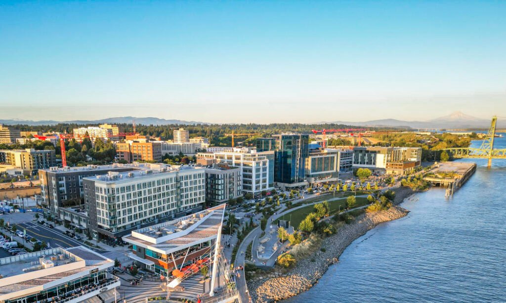 Aerial view of Vancouver waterfront district with Mount Hood in background