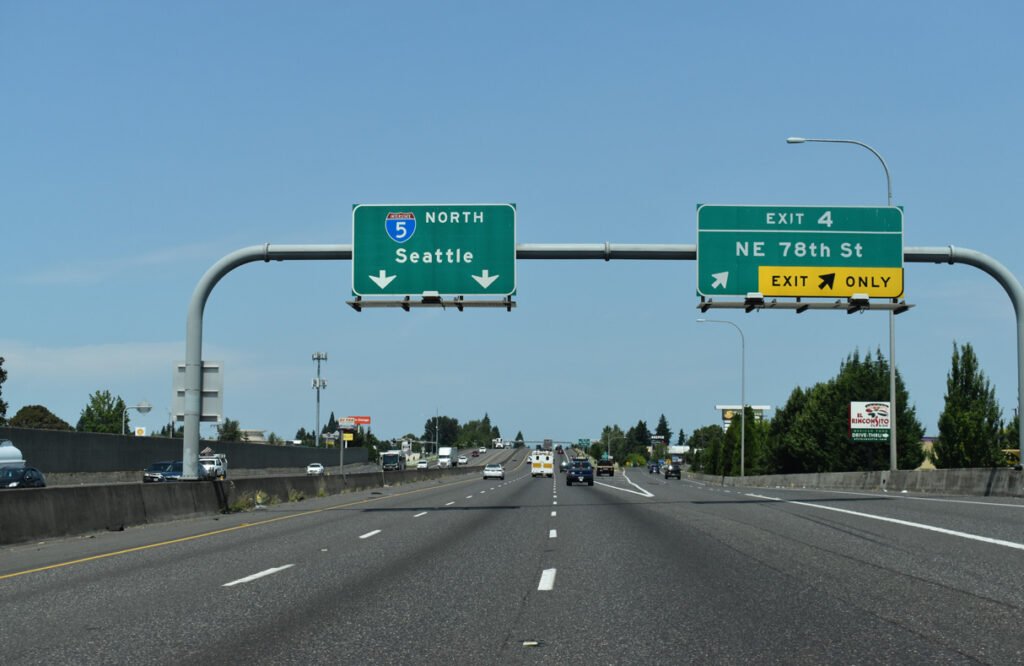 I-5 North Seattle freeway with Exit 4 NE 78th Street sign near Hazel Dell