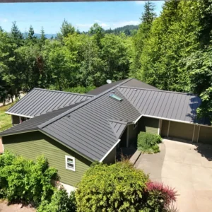 Aerial view of home with new standing seam metal roof, roofing services in Vancouver WA