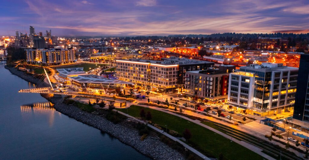 Twilight aerial view of downtown Vancouver, WA waterfront district with city lights