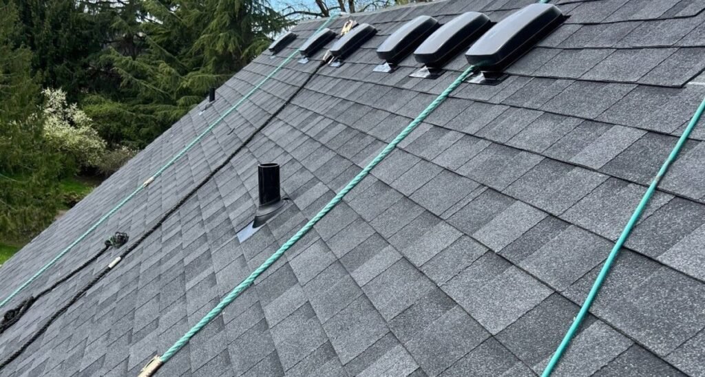 Close-up of asphalt shingle roof with roof vents in Vancouver, WA
