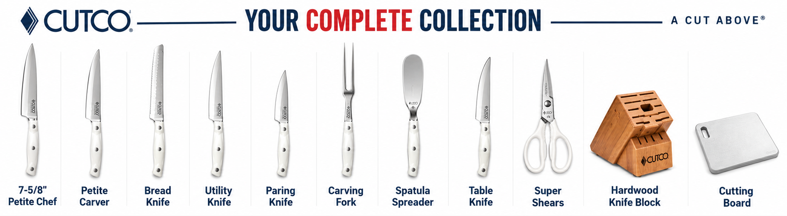 Complete Cutco knife collection including chef's knife, bread knife, shears, knife block, and cutting board